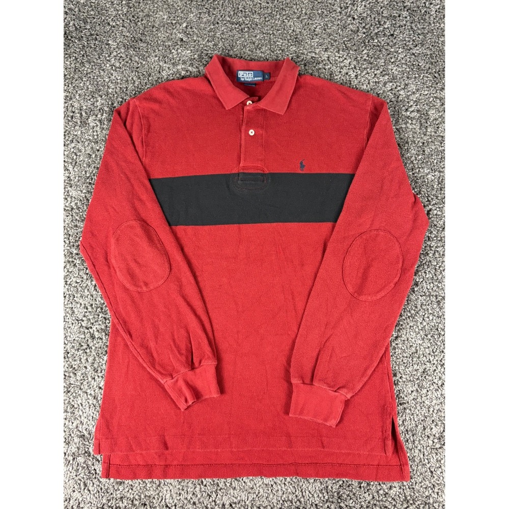 Polo Ralph Lauren Vintage Rugby Shirt Mens Large Red Black Elbow Pad Long Sleeve